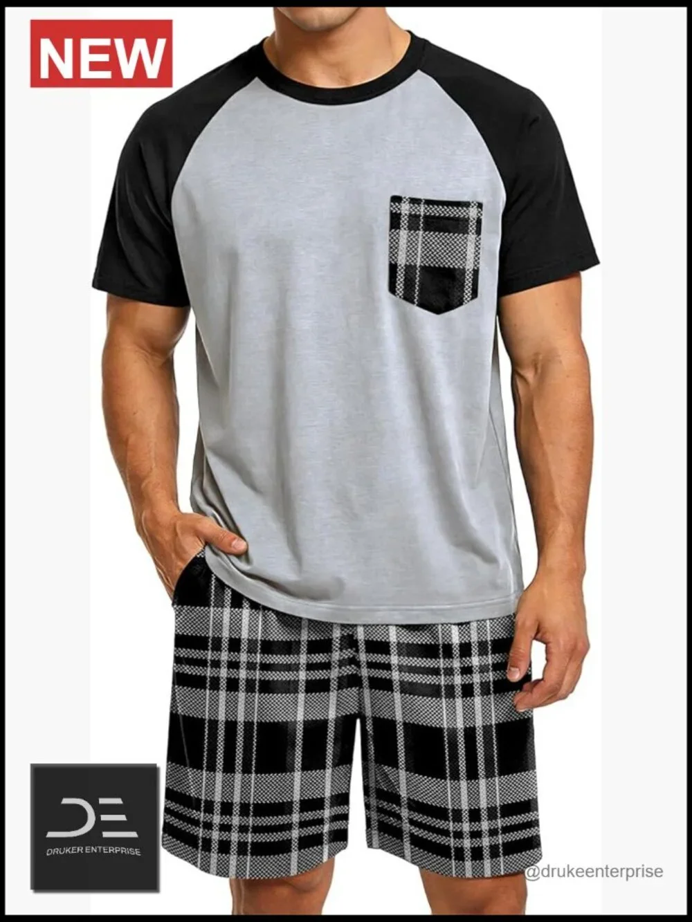 Men's Summer Pajama Set Short Sleeve Shorts Sleepwear 2 Piece Plaid Loungewear